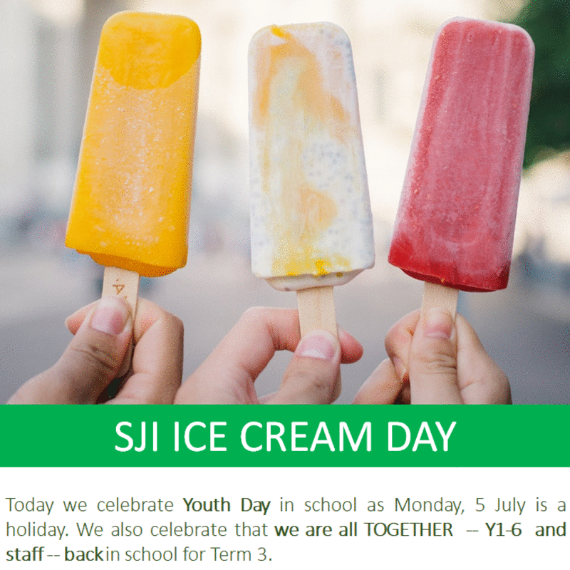 Three hands each holding a popsicle in orange, swirled white, and red above text reading SJI ICE CREAM DAY.